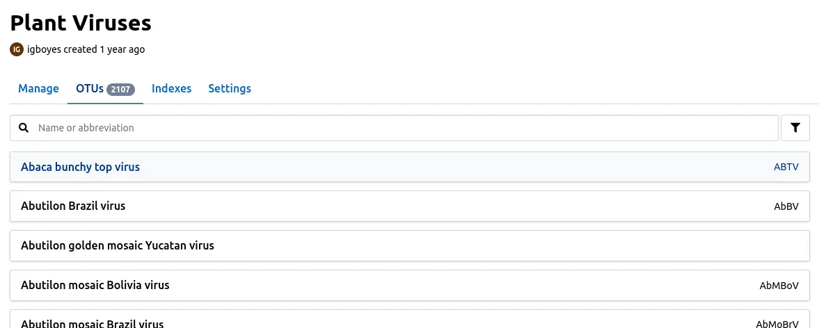 The OTU list view for a Virtool reference.